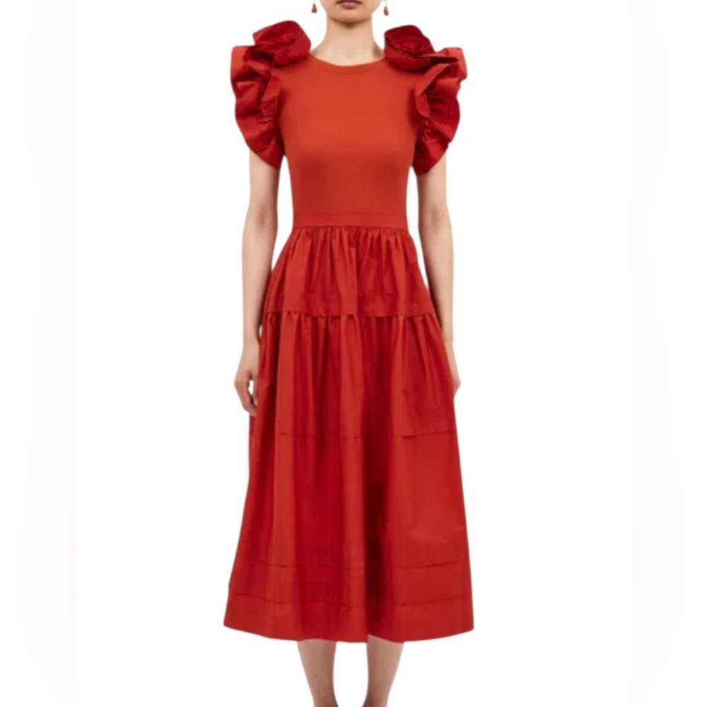 $650 Ulla Johnson Francine Midi Dress Carnelian Ruffle Sleeve Cotton Sz 8 Pocket